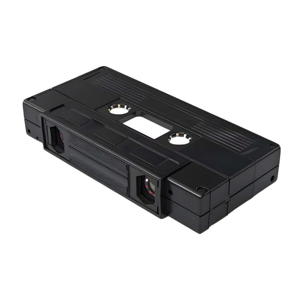 Vintage black VHS cassette tape with visible spools isolated on transparent background png
