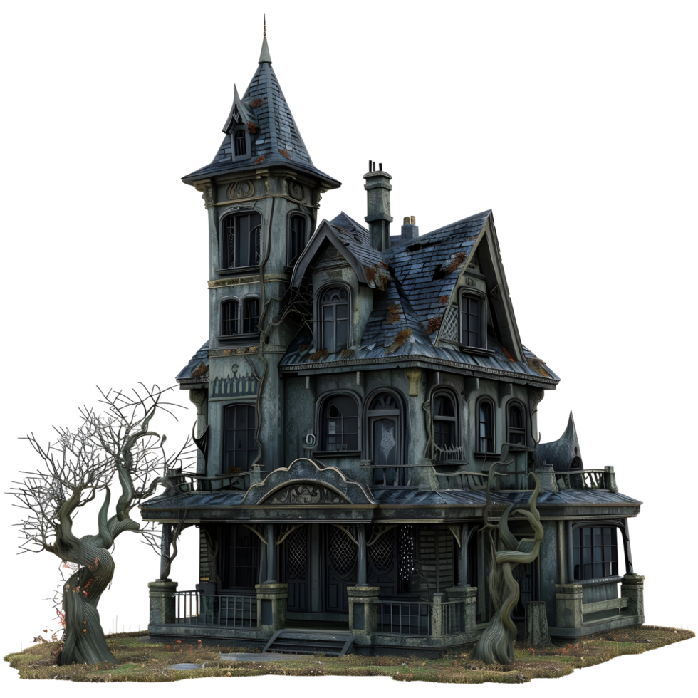 Old Haunted House with Twisted Trees isolated on transparent background png