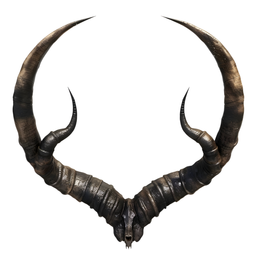 Pair of dark, curved buffalo horns with a rough texture and pointed tips isolated on transparent background png
