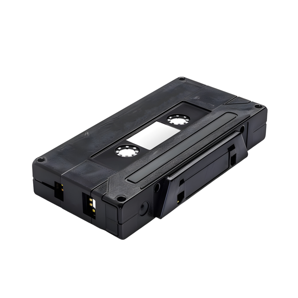 Vintage black VHS cassette tape with spools visible through the case isolated on transparent background png