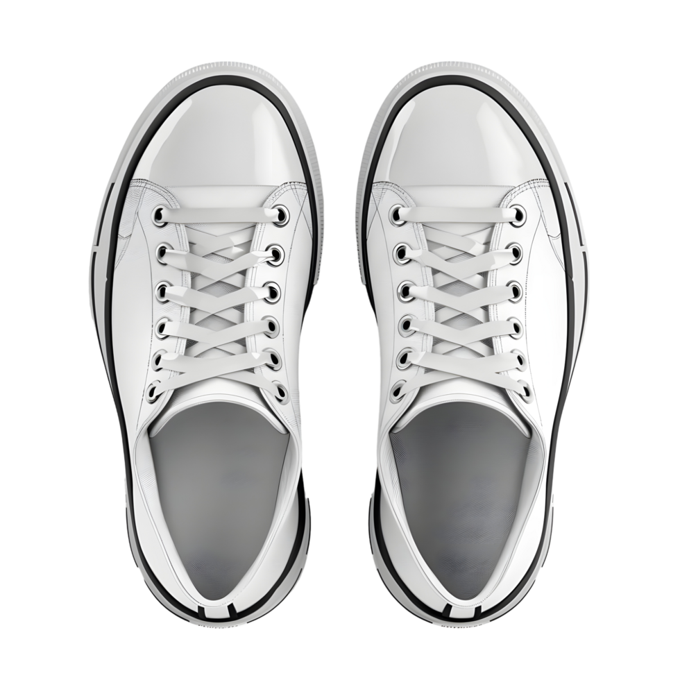Pair of white casual sneakers with black laces and rubber soles isolated on transparent background png