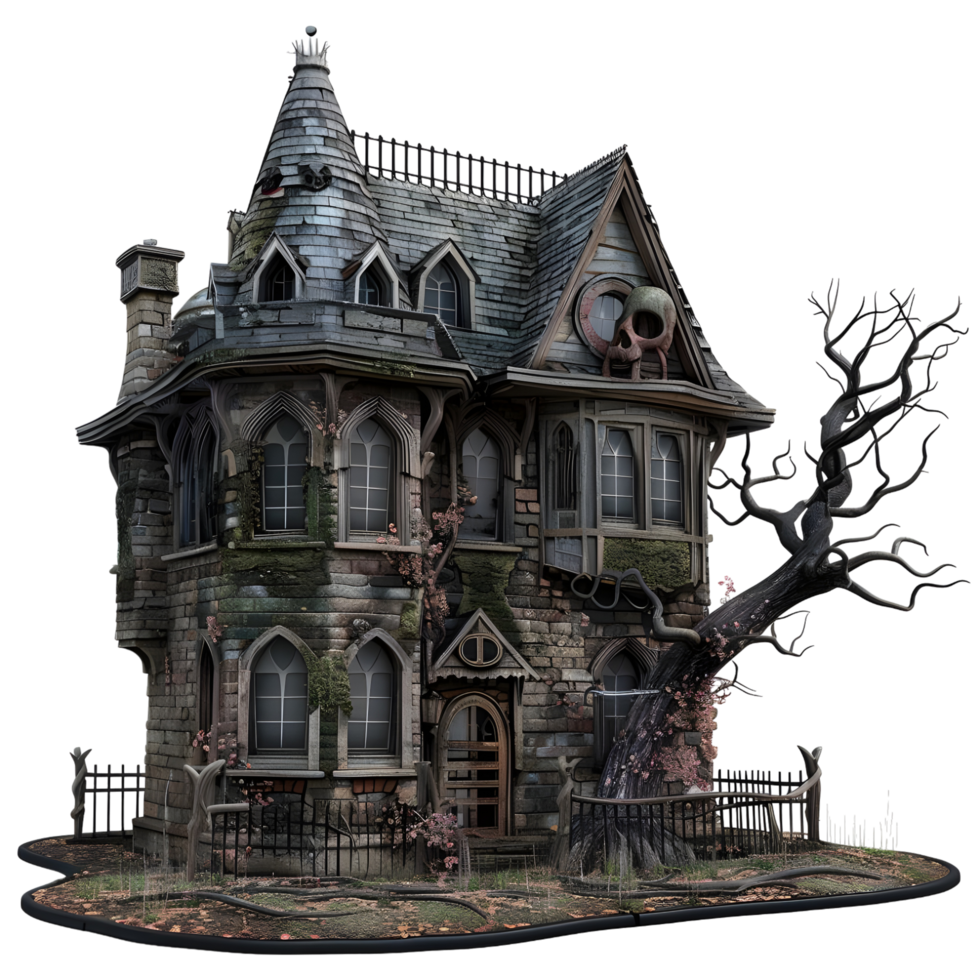 Abandoned haunted mansion with eerie broken windows and gothic architecture isolated on transparent background png