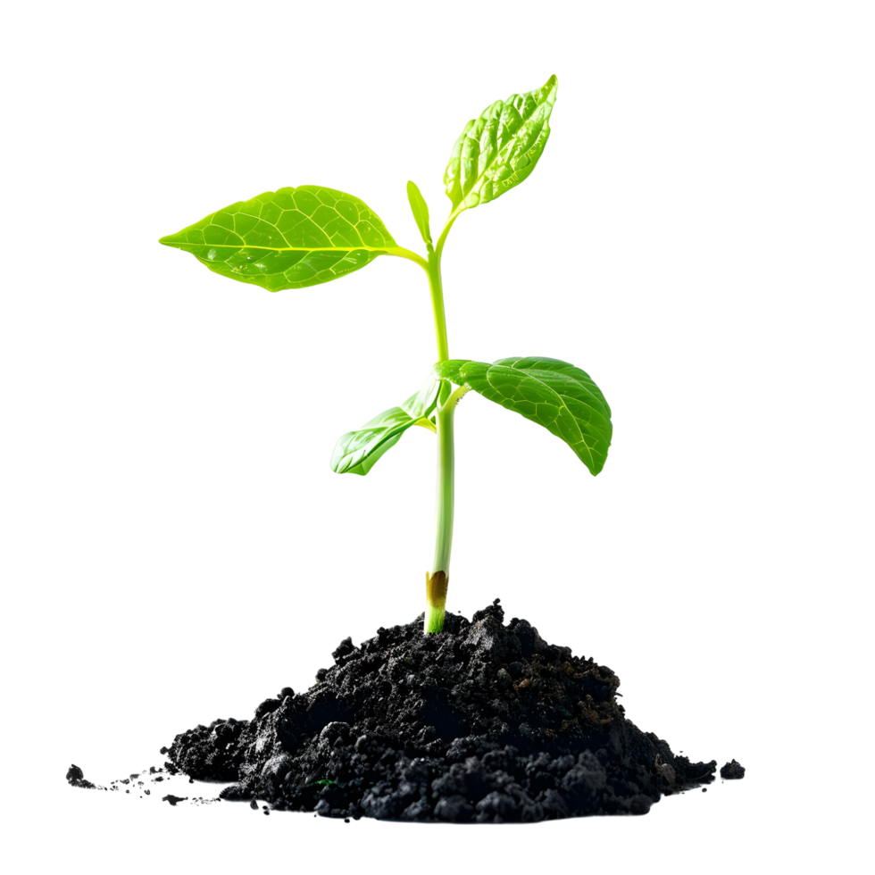 Young green plant sprouting from rich black soil with two fresh leaves isolated on transparent background png