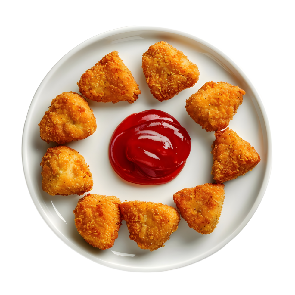 Plate of crispy golden chicken nuggets arranged around a cup of ketchup isolated on transparent background png