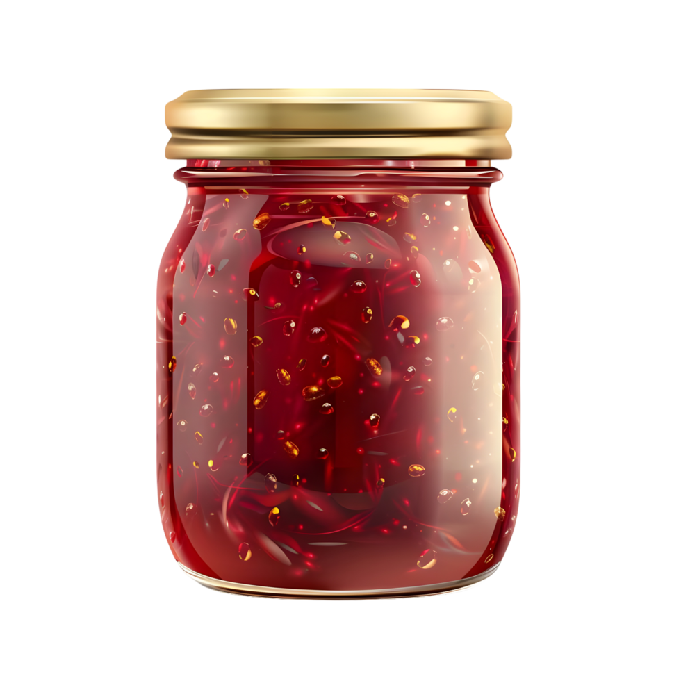 Jar of homemade raspberry jam with a rich red color and visible fruit chunks isolated on transparent background png