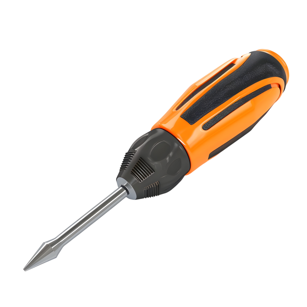 Phillips screwdriver with an orange and black grip and a sharp metal tip isolated on transparent background png