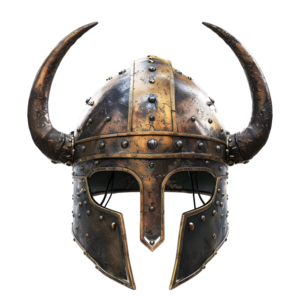 Ancient Viking helmet with metal plating, intricate engravings, and curved horns isolated on transparent background png