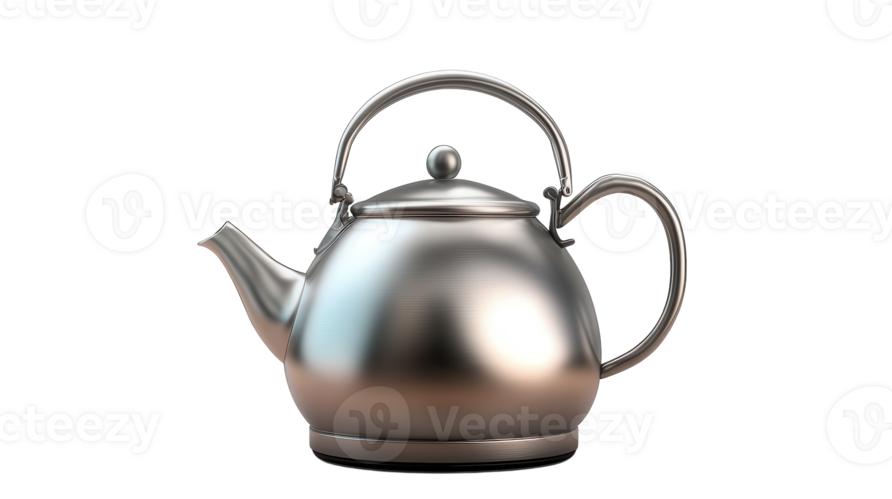 A shiny stainless steel kettle with a curved spout and a comfortable handle resting on a white background. png