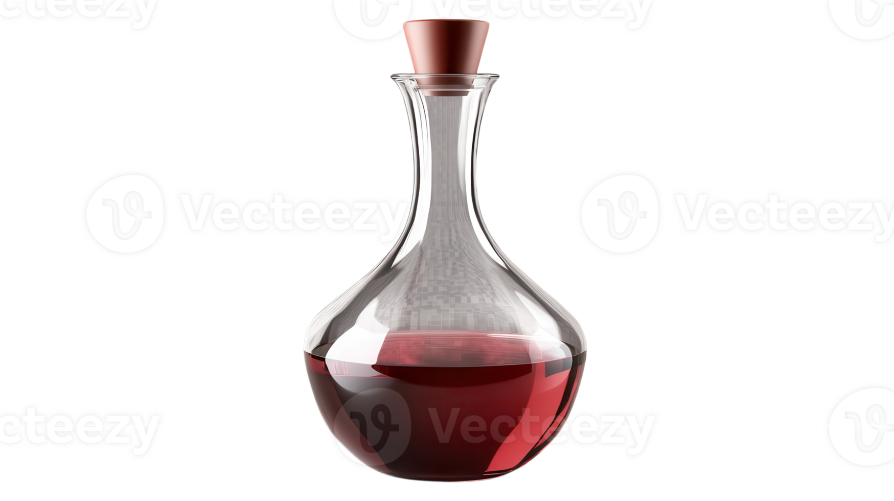 Elegant glass decanter with red wine displayed on a transparent background, showcasing its curvaceous design and rich color. png