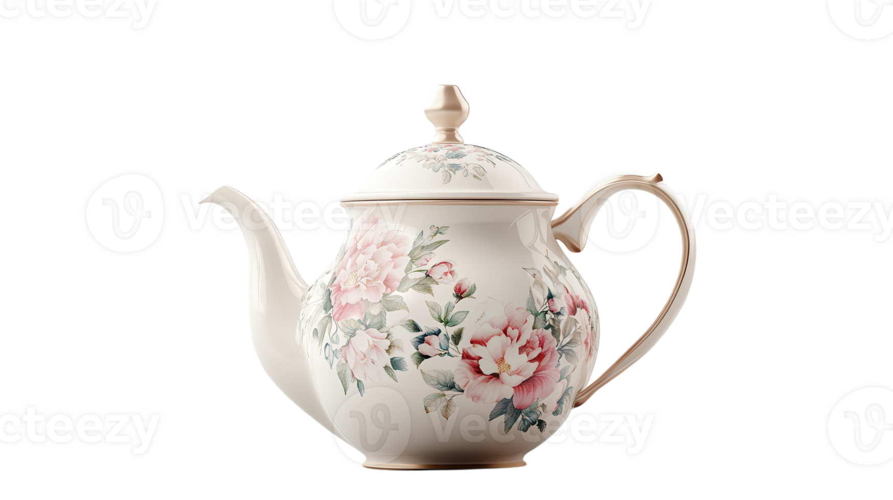 A vintage floral teapot with intricate designs, gracefully resting on a neutral background, ideal for tea gatherings and decoration. png