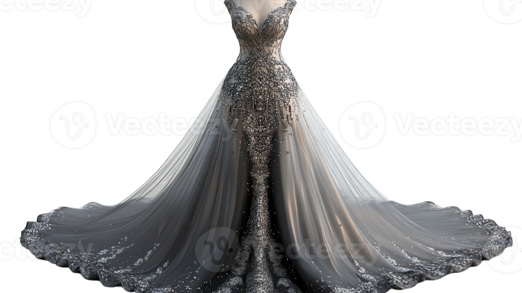 Elegant evening gown with intricate details displayed on a mannequin against a transparent backdrop. png