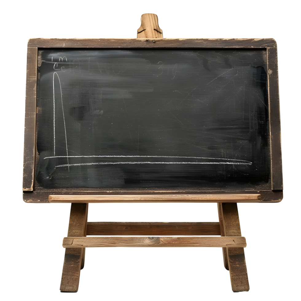 Vintage wooden chalkboard with an empty black surface and rustic wooden frame isolated on transparent background png