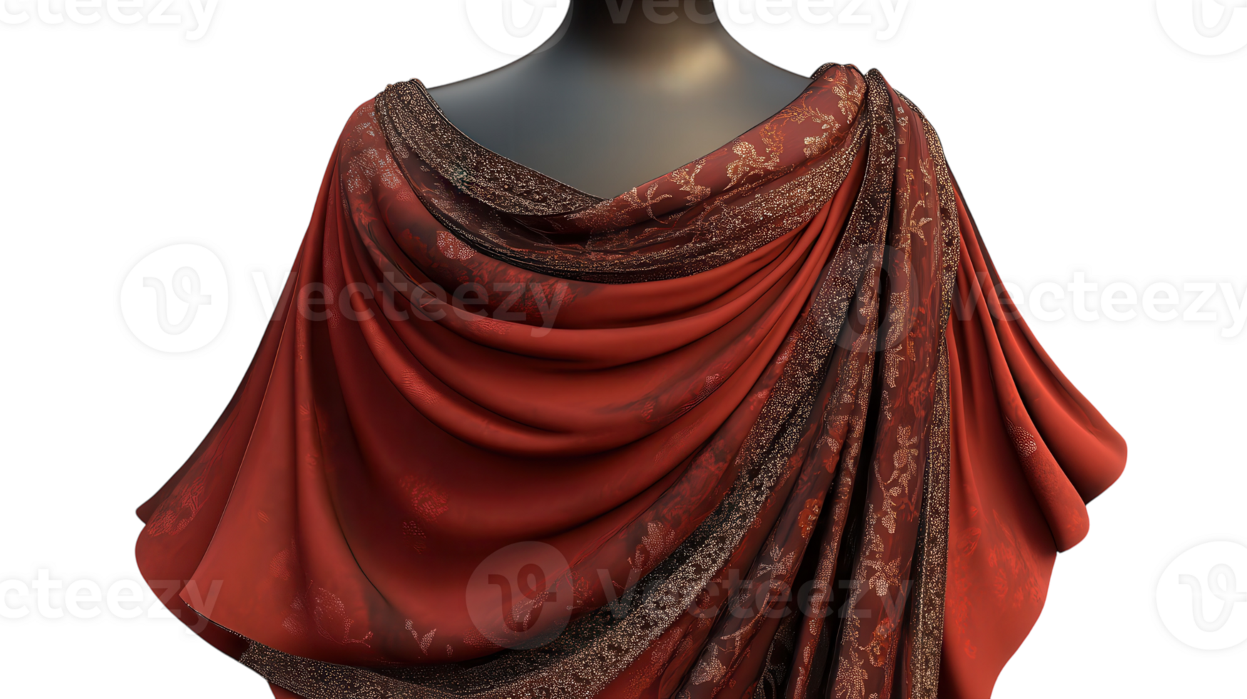 Elegant draped fabric in rich red tones displayed against a neutral background with intricate patterns highlighting its texture and design. png