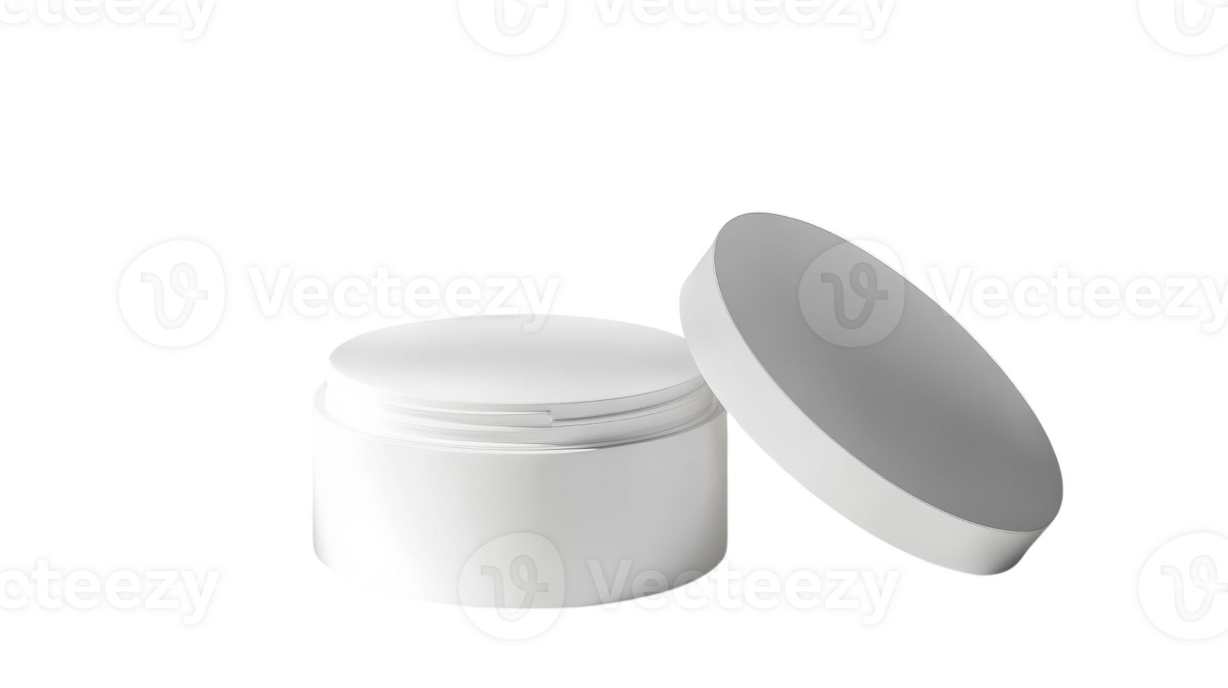 A white cosmetic cream jar with a lid partially open against a simple background, showcasing its smooth surface and minimalist design. png