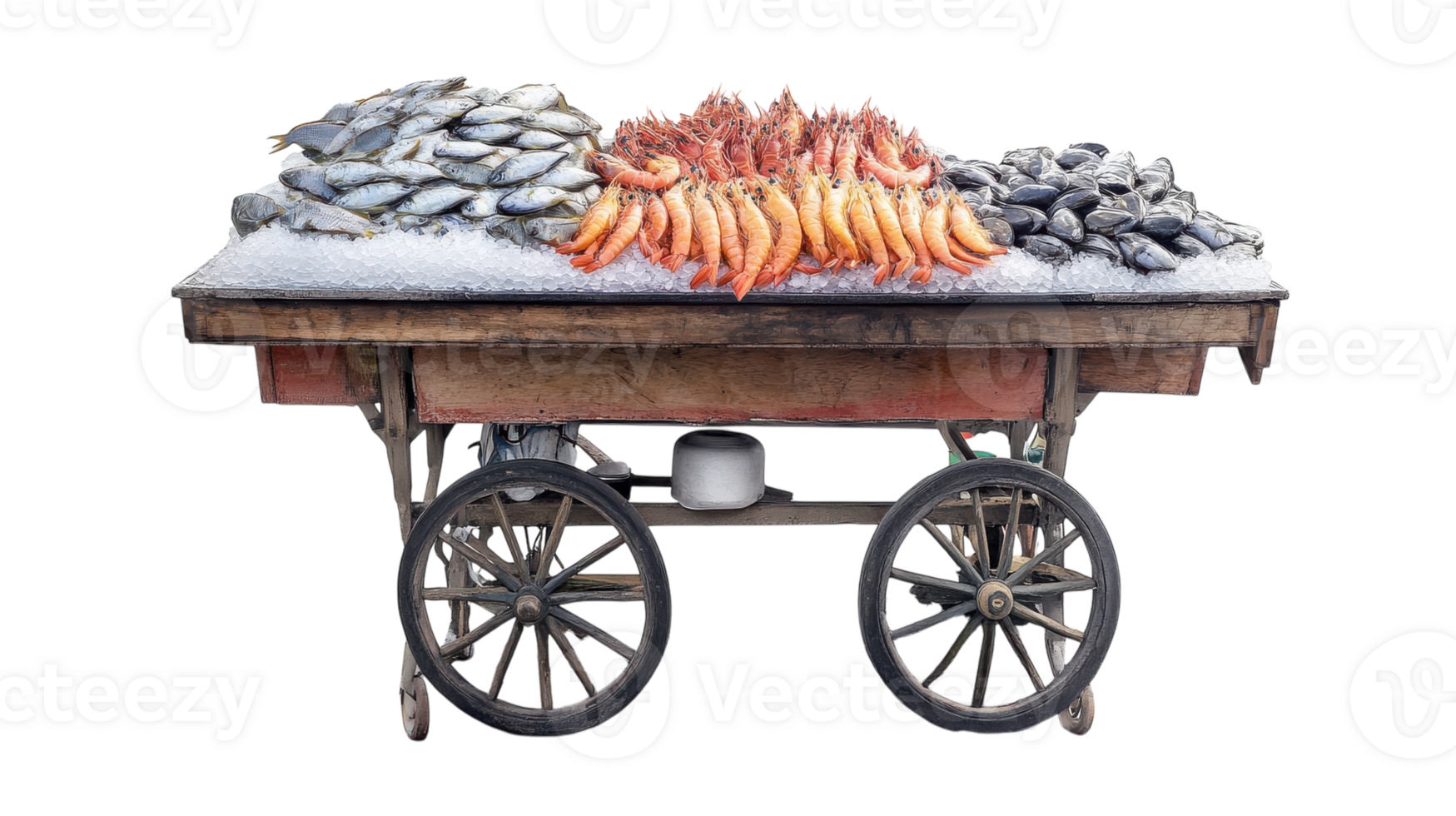Fresh seafood market cart displaying a variety of fish and shellfish on ice during a sunny day. png