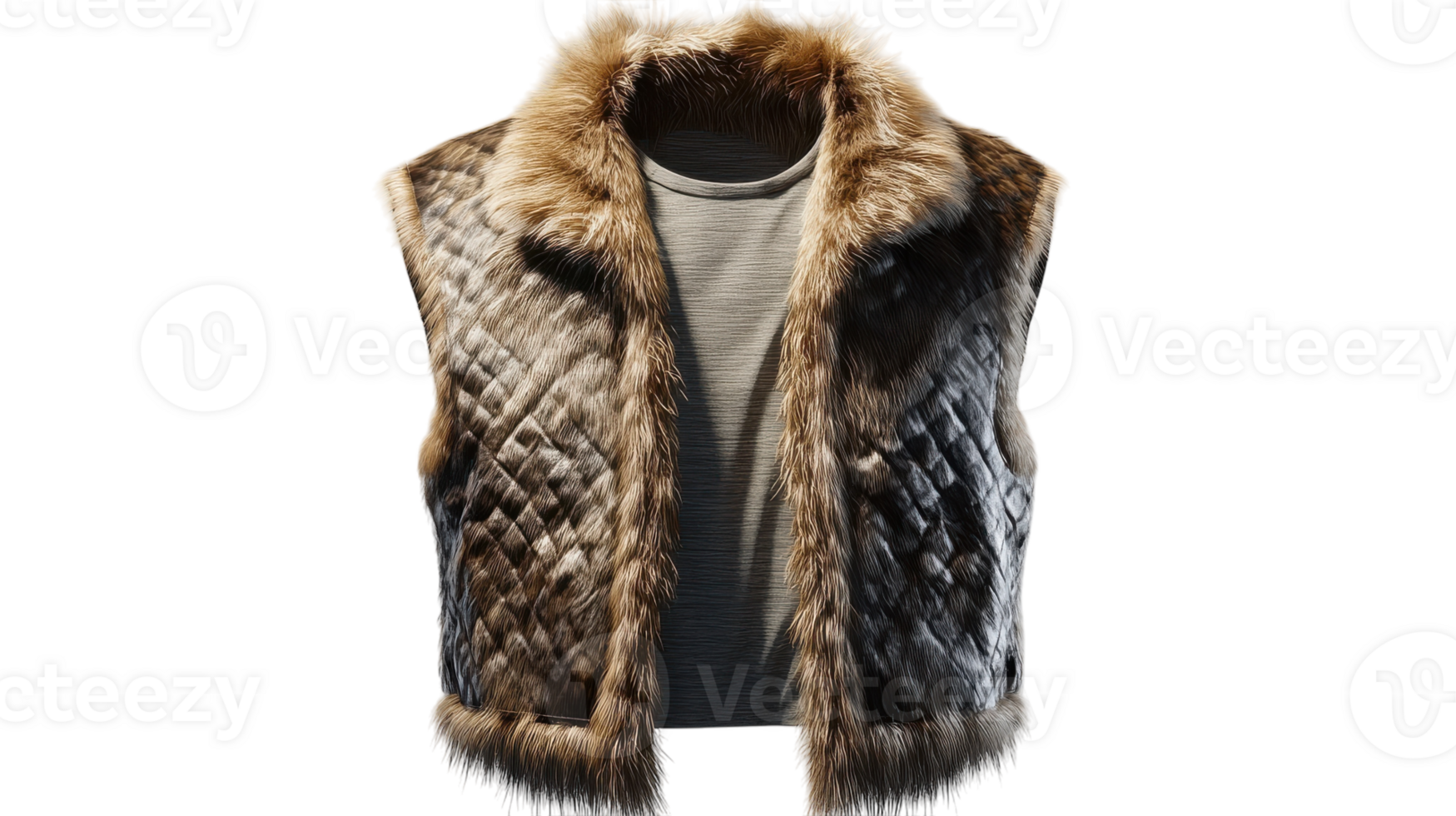Stylish sleeveless fur vest displayed against a transparent background, showcasing unique quilted fabric and fur detailing. png