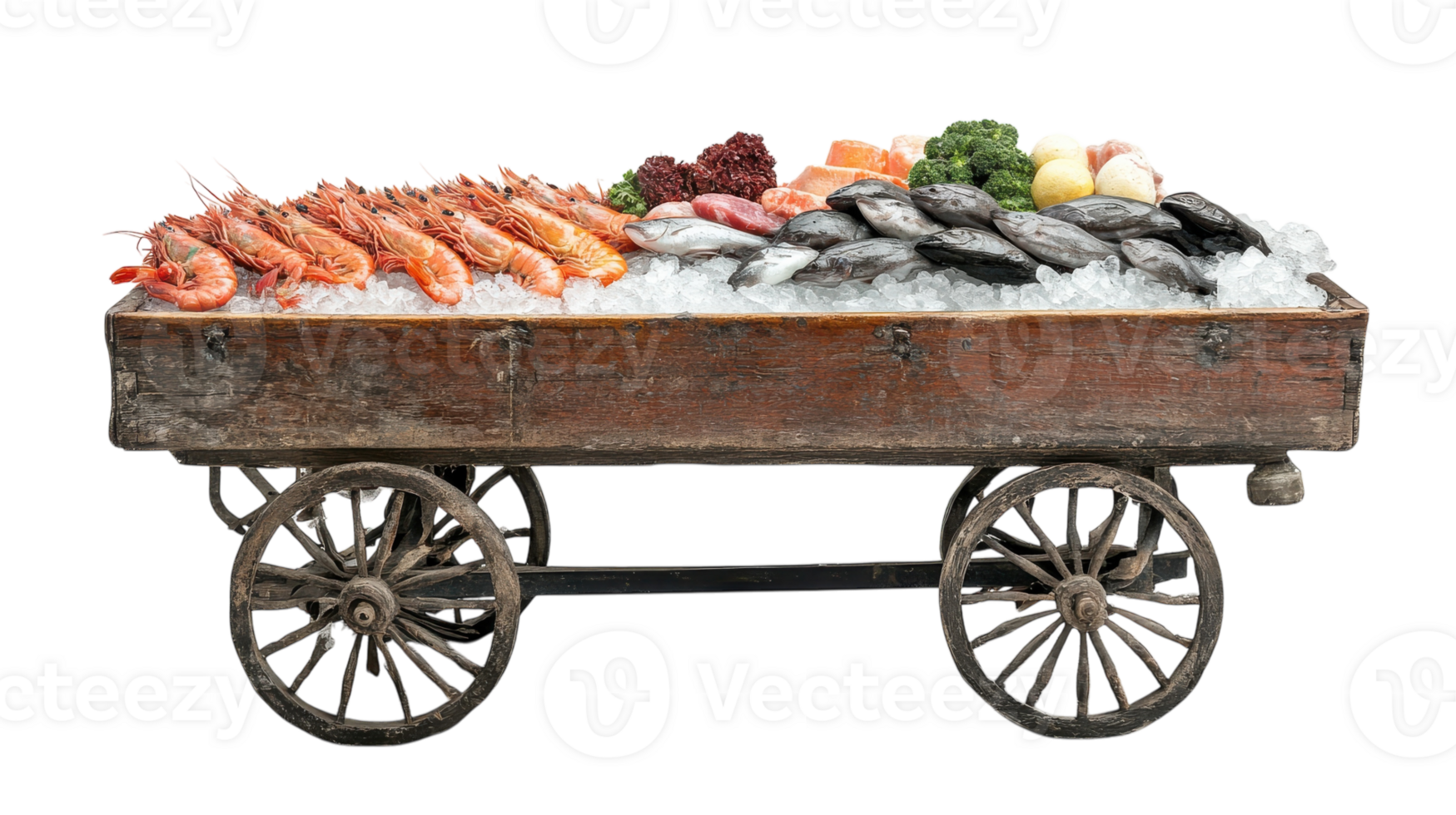 Fresh seafood display on a vintage wooden cart with ice at a bustling market in the afternoon. png
