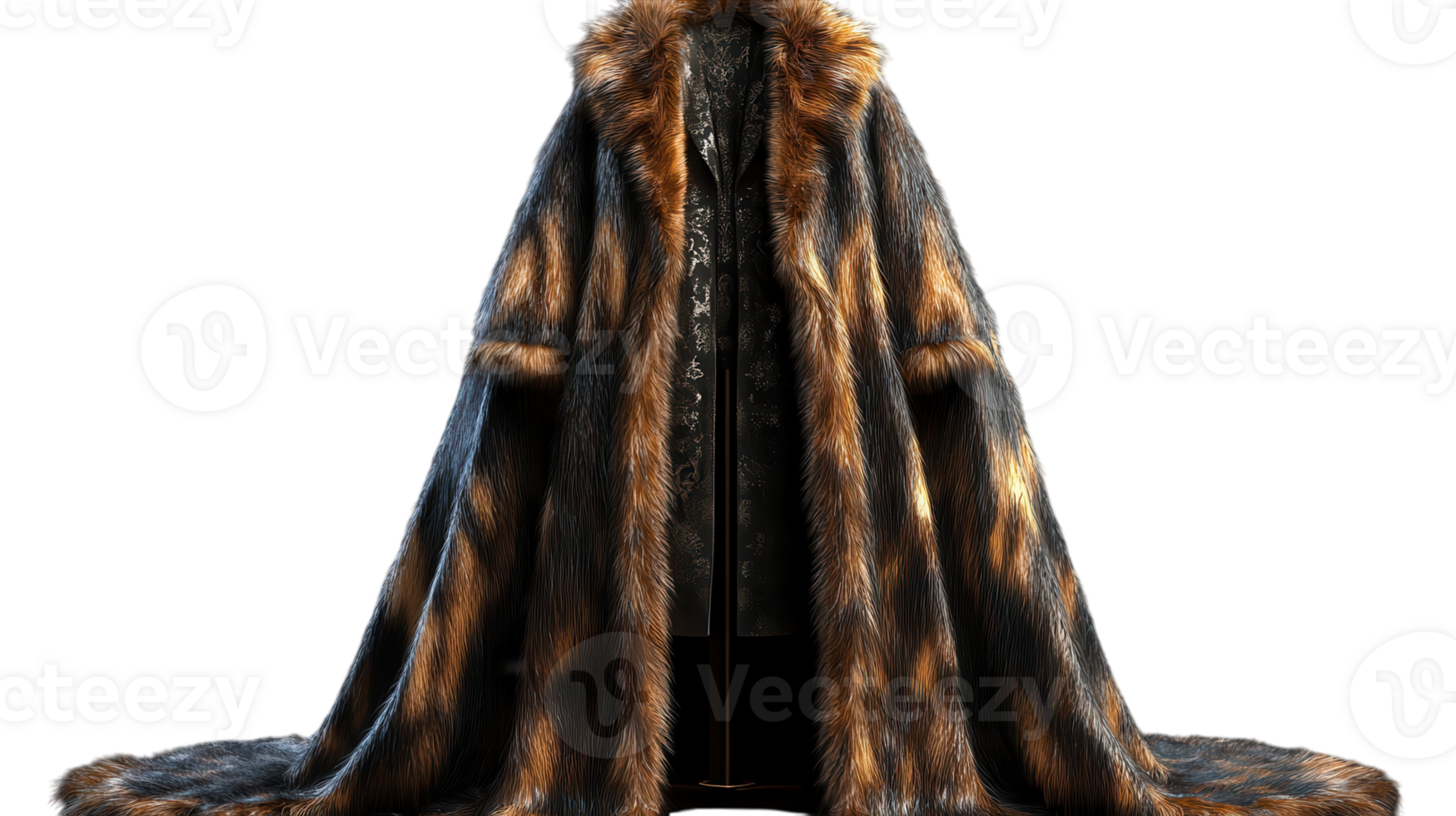 A luxurious faux fur coat with a vibrant animal print draped elegantly on a mannequin, showcasing its design and texture. png