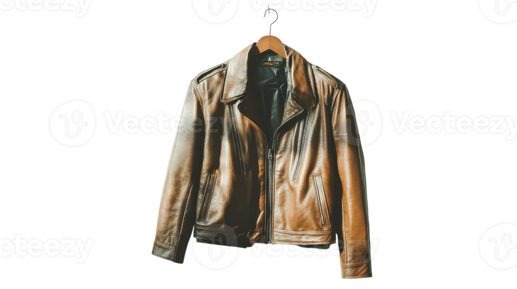A Sleek Leather Jacket Hanging on a Hanger Perfect for Fashion Shoots and Online Retail Displays to Showcase Modern Style. png