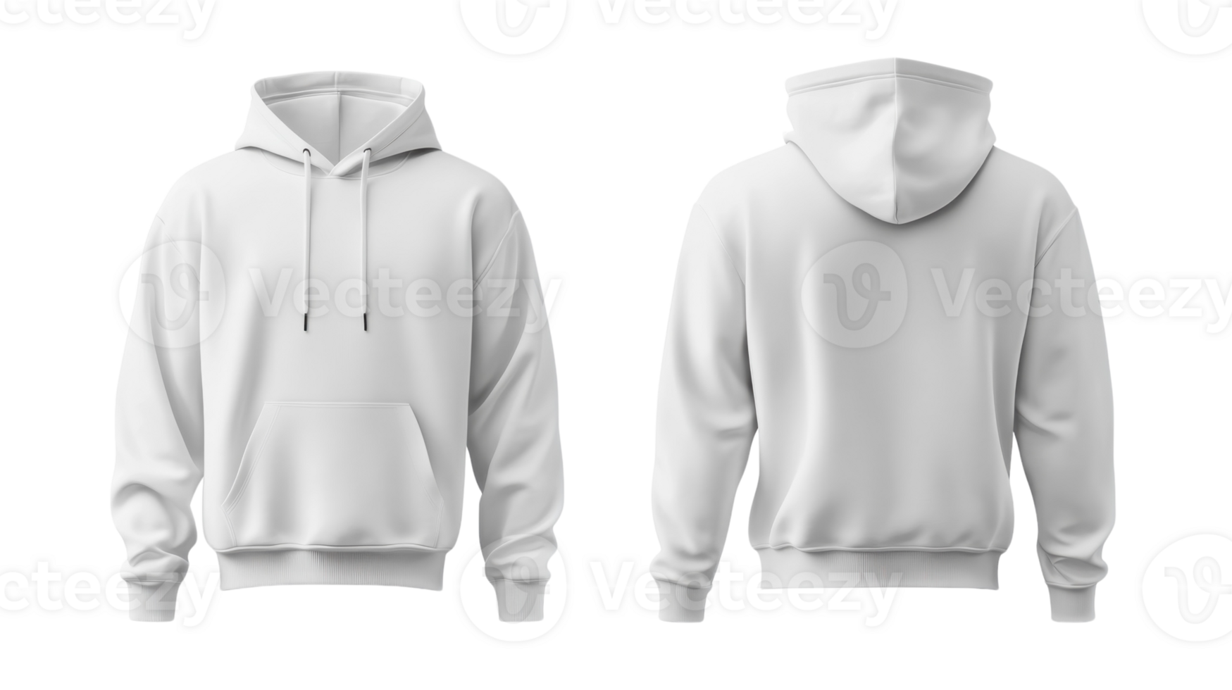 Customizable white hoodie displayed from front and back on a plain background png