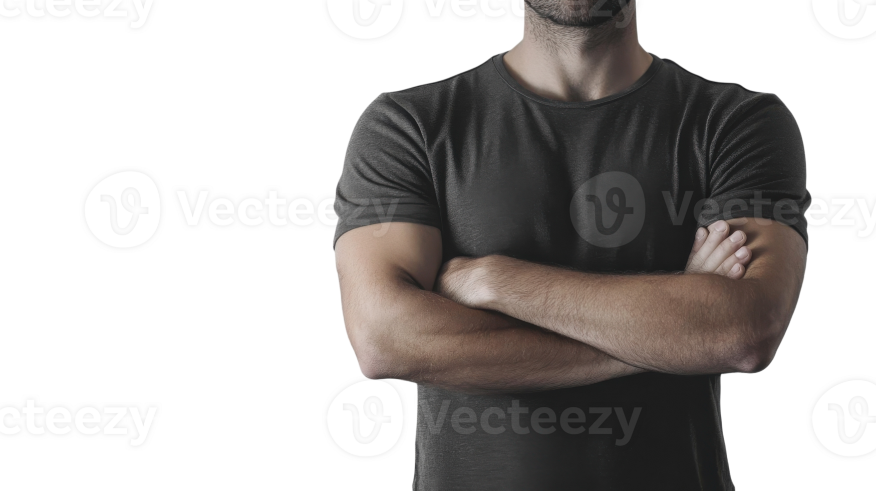 Man with crossed arms standing confidently in casual attire against a plain white background, showcasing a relaxed yet determined demeanor png