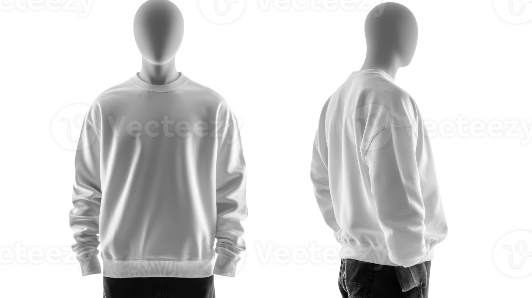 Display of a plain white sweatshirt on a mannequin from multiple angles in a minimalist studio setting png