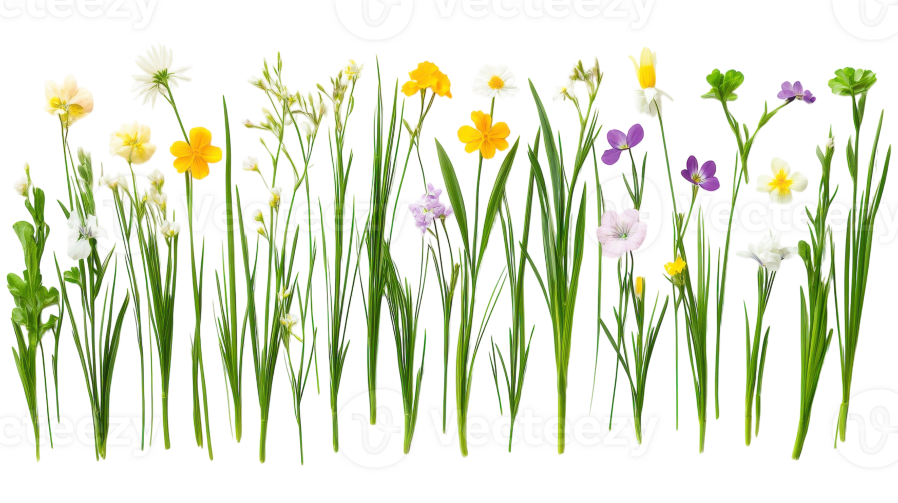 Variety of colorful wildflowers in a lush green meadow during springtime blooming png