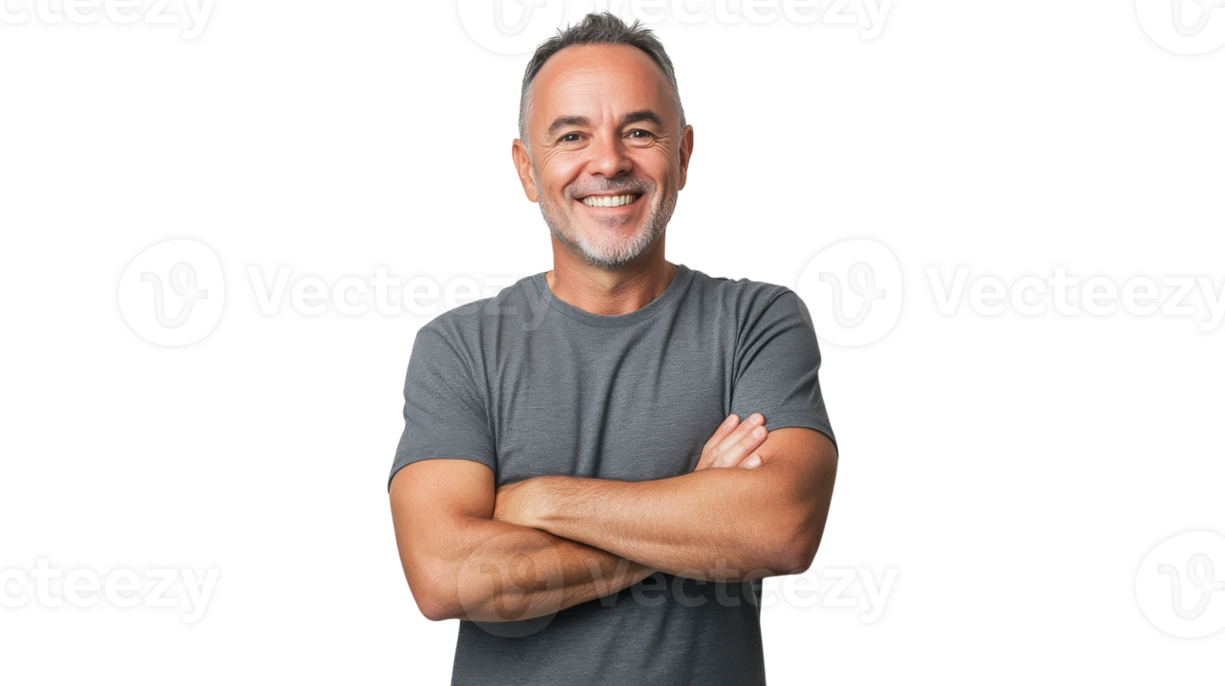 Man smiling with arms crossed wearing a gray t-shirt in a bright setting with a neutral background png