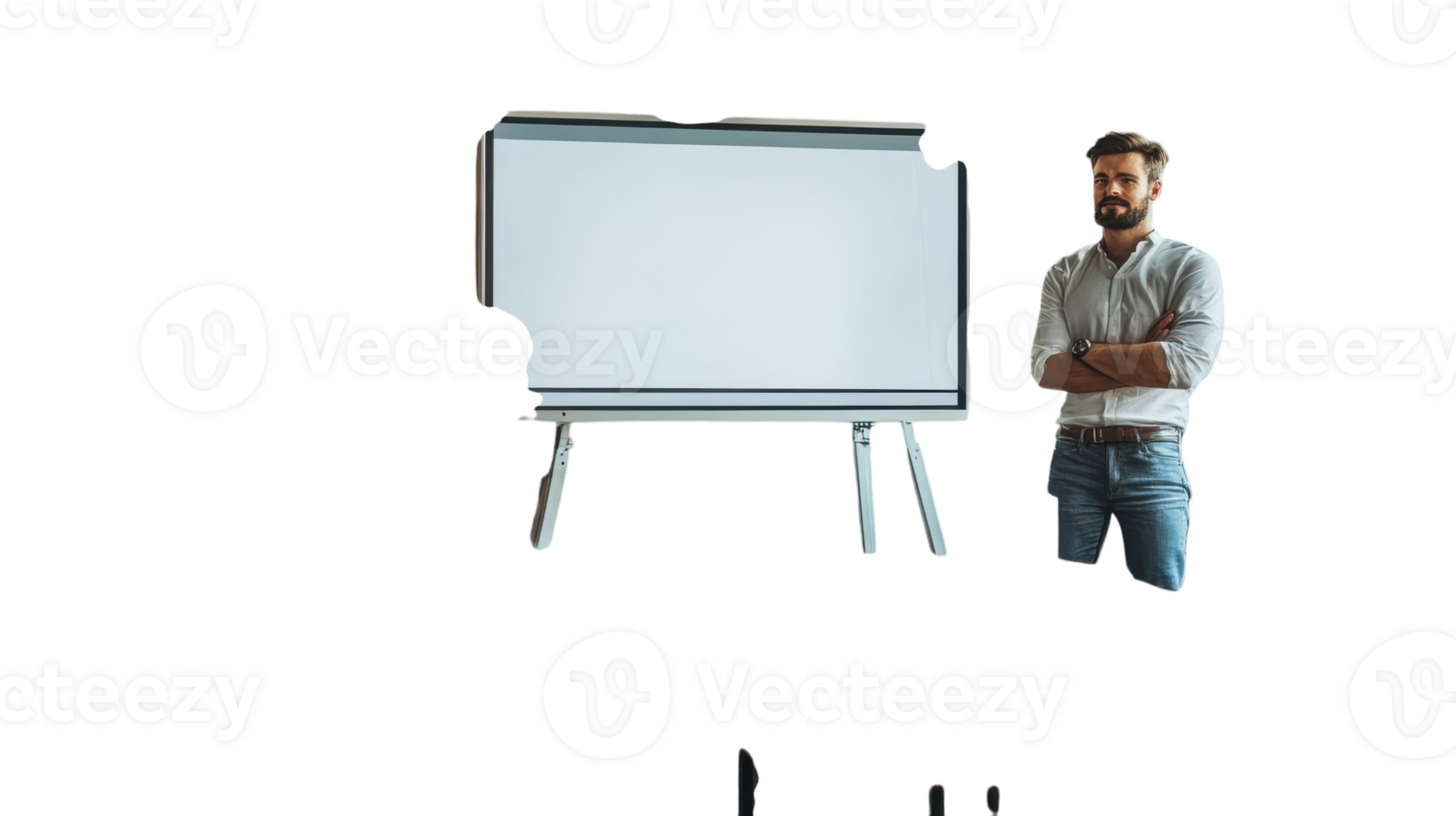 Presenter stands confidently beside a blank presentation board in a well-lit room, preparing for a discussion or meeting png