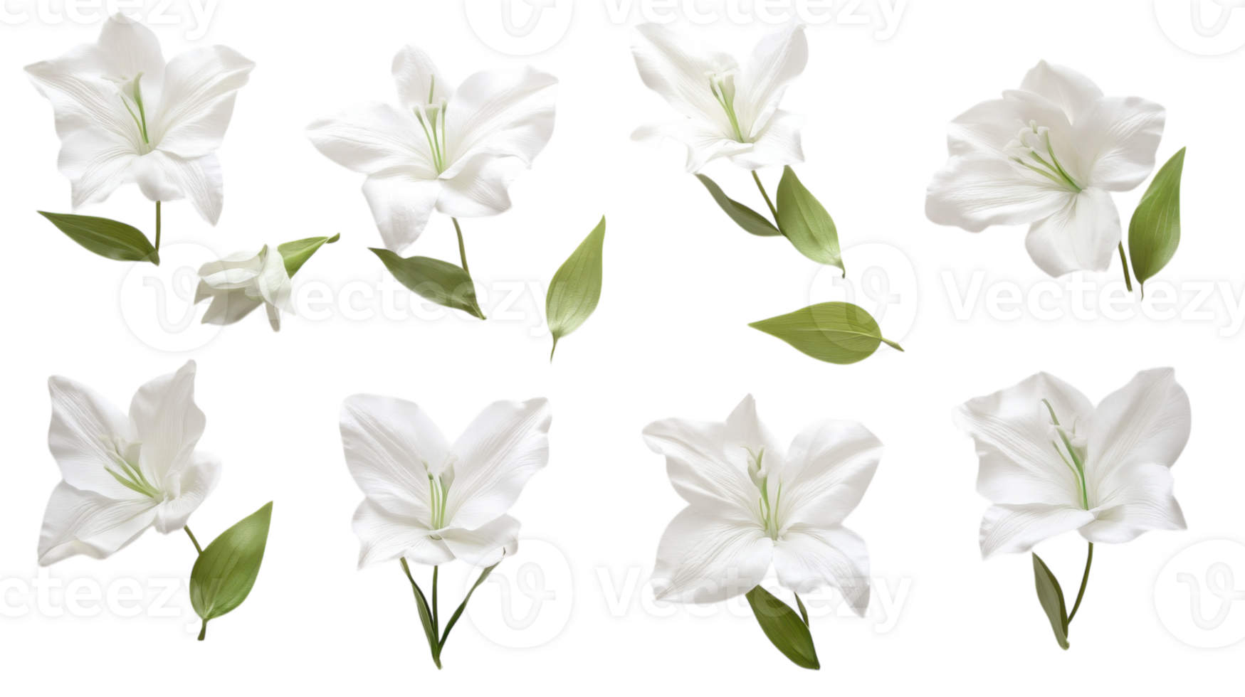 Collection of white lilies arranged with leaves on a plain background showcasing elegance and natural beauty png