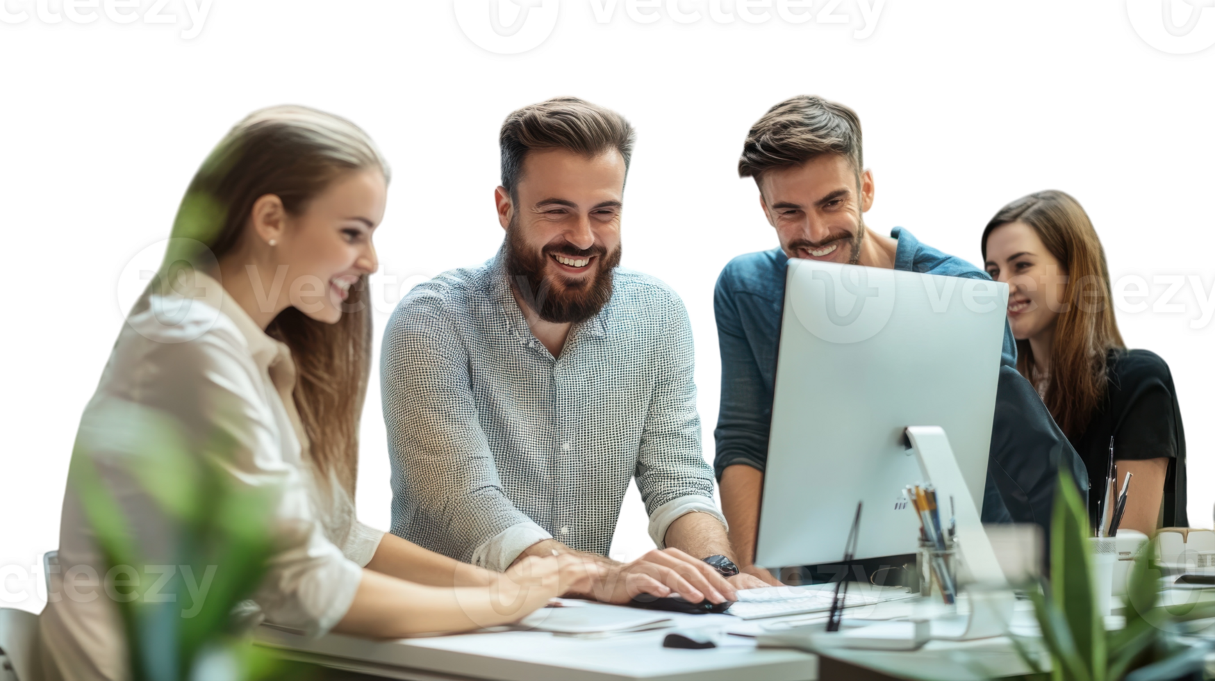 Group of coworkers collaborating on a project at a bright office during daytime png