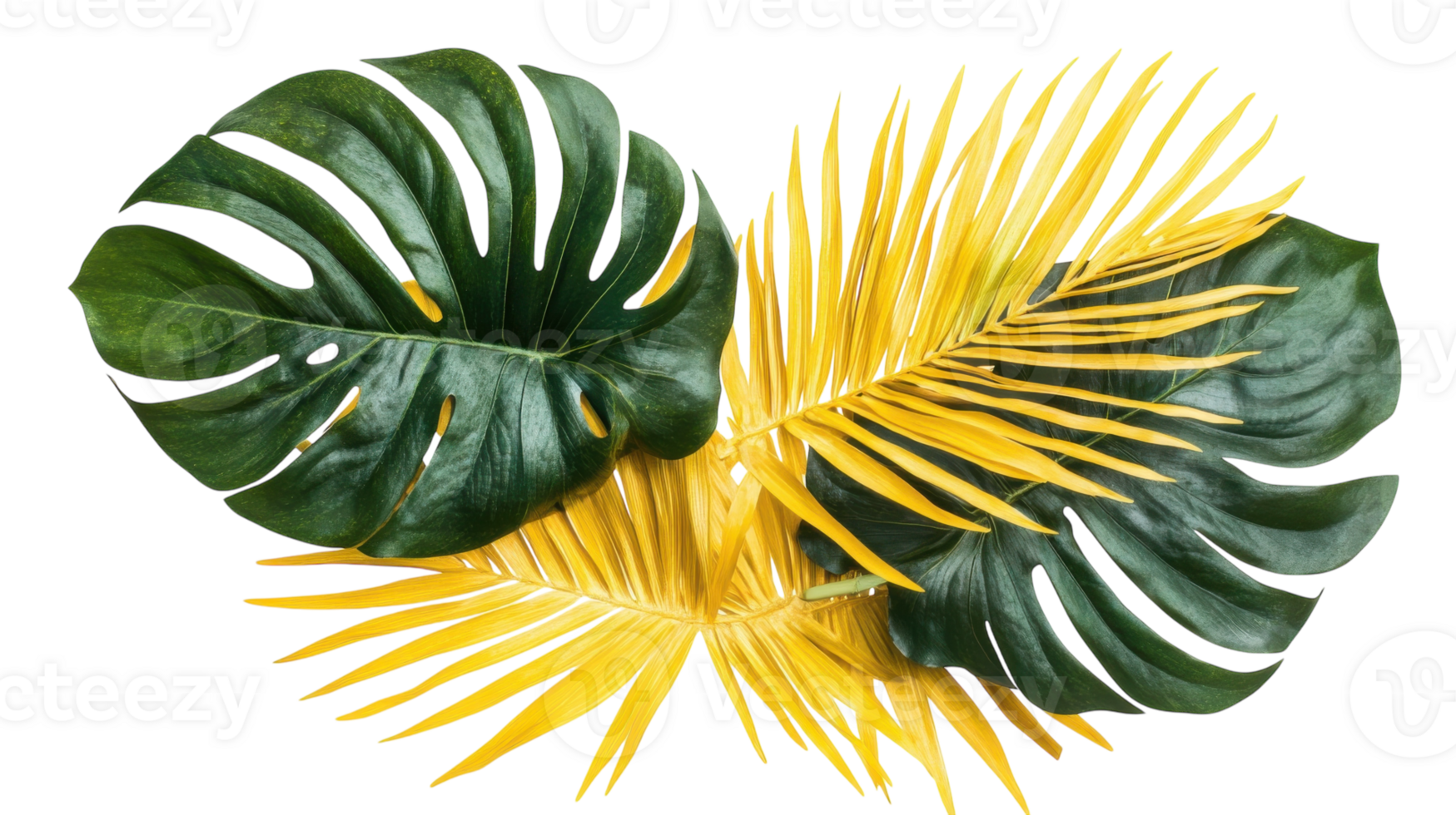 Vibrant green and yellow tropical leaves create a striking visual display for decor or design projects png
