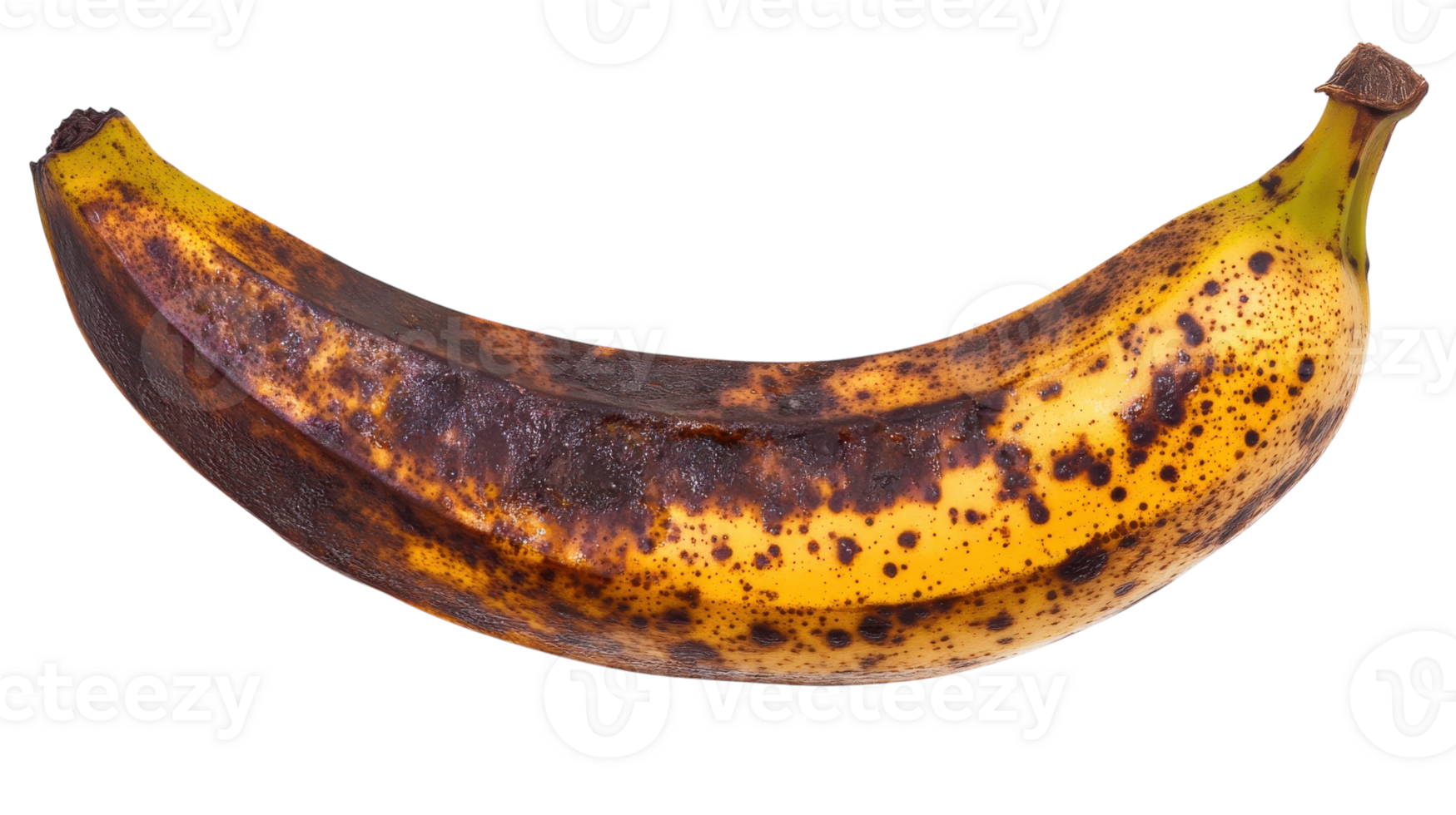 Ripe banana with brown spots resting on a white background captured during daylight hours png