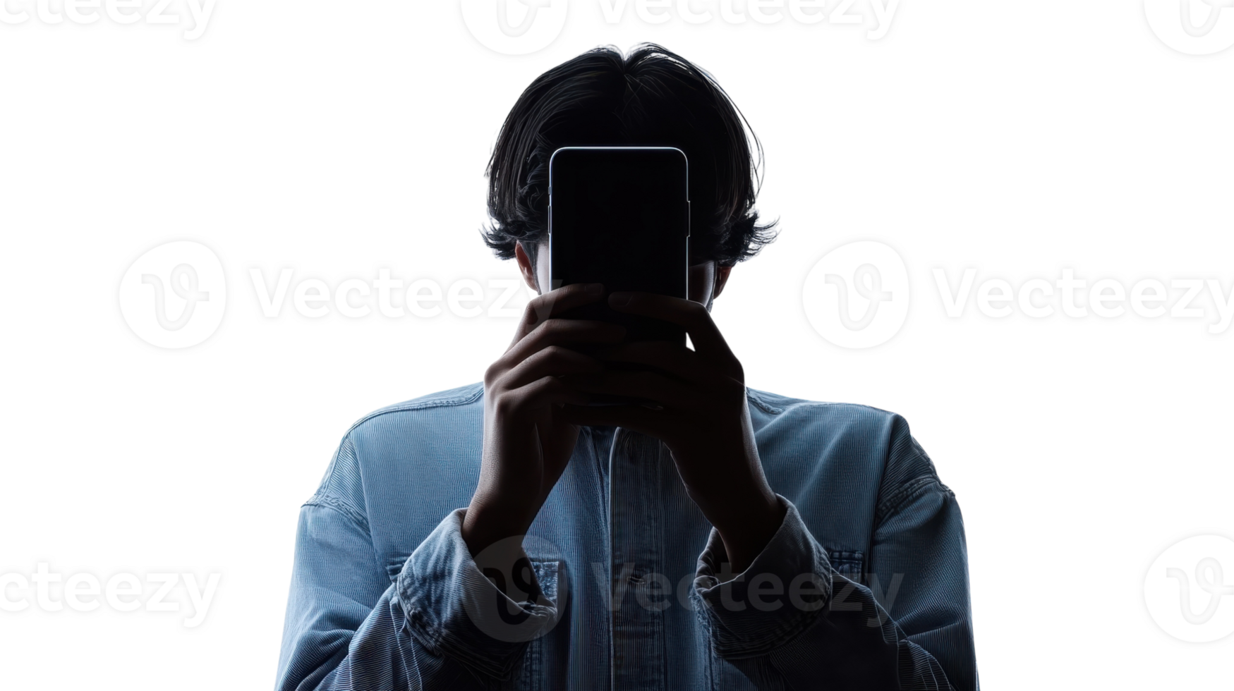 Person holding smartphone against bright background in a casual setting png