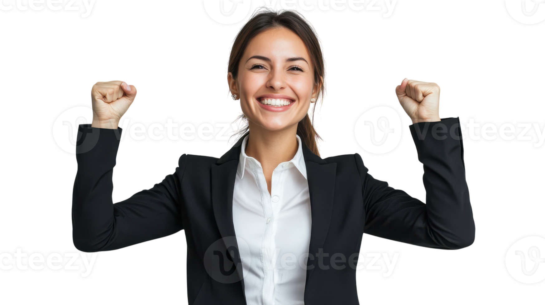Businesswoman celebrating success with raised fists in a white background, representing achievement and positivity in the workplace png
