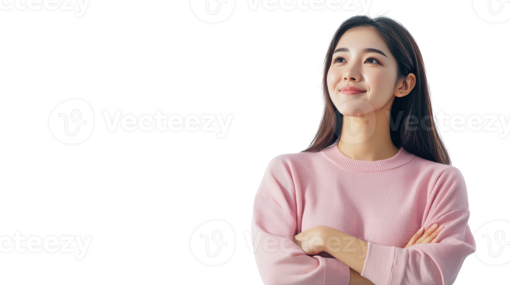Smiling woman in pink sweater expressing positivity and confidence while looking upward in a bright setting png