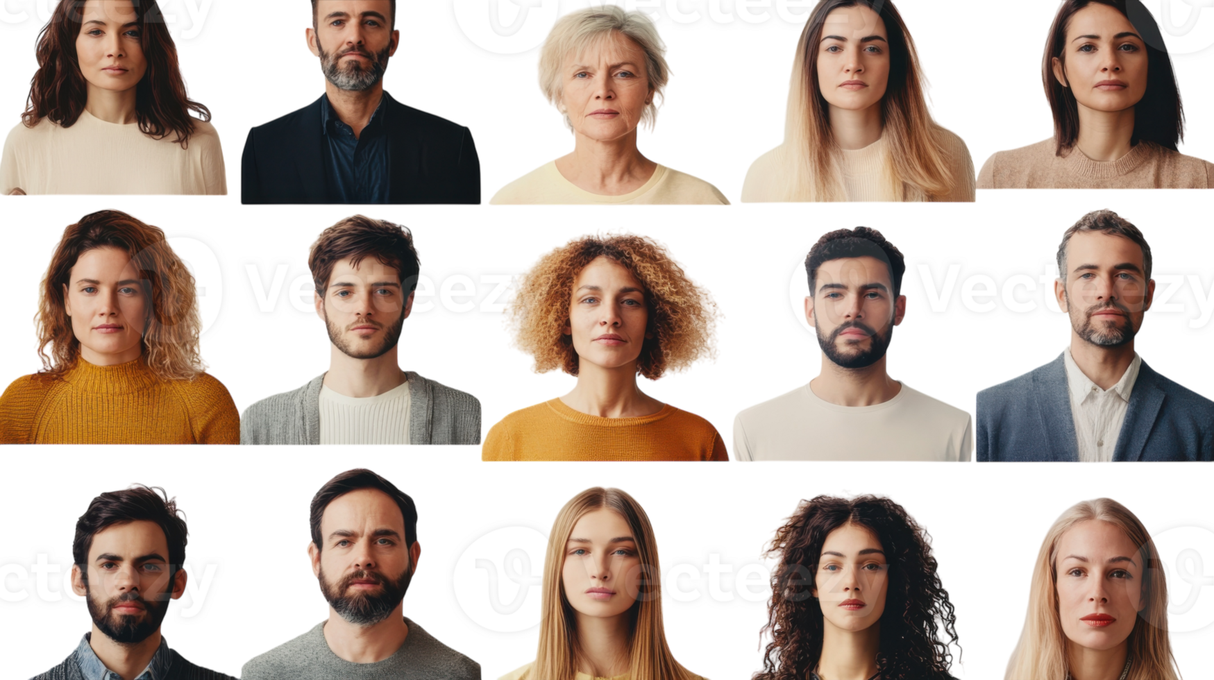 Diverse group of individuals showcasing unique features and expressions in a minimalist studio setting png