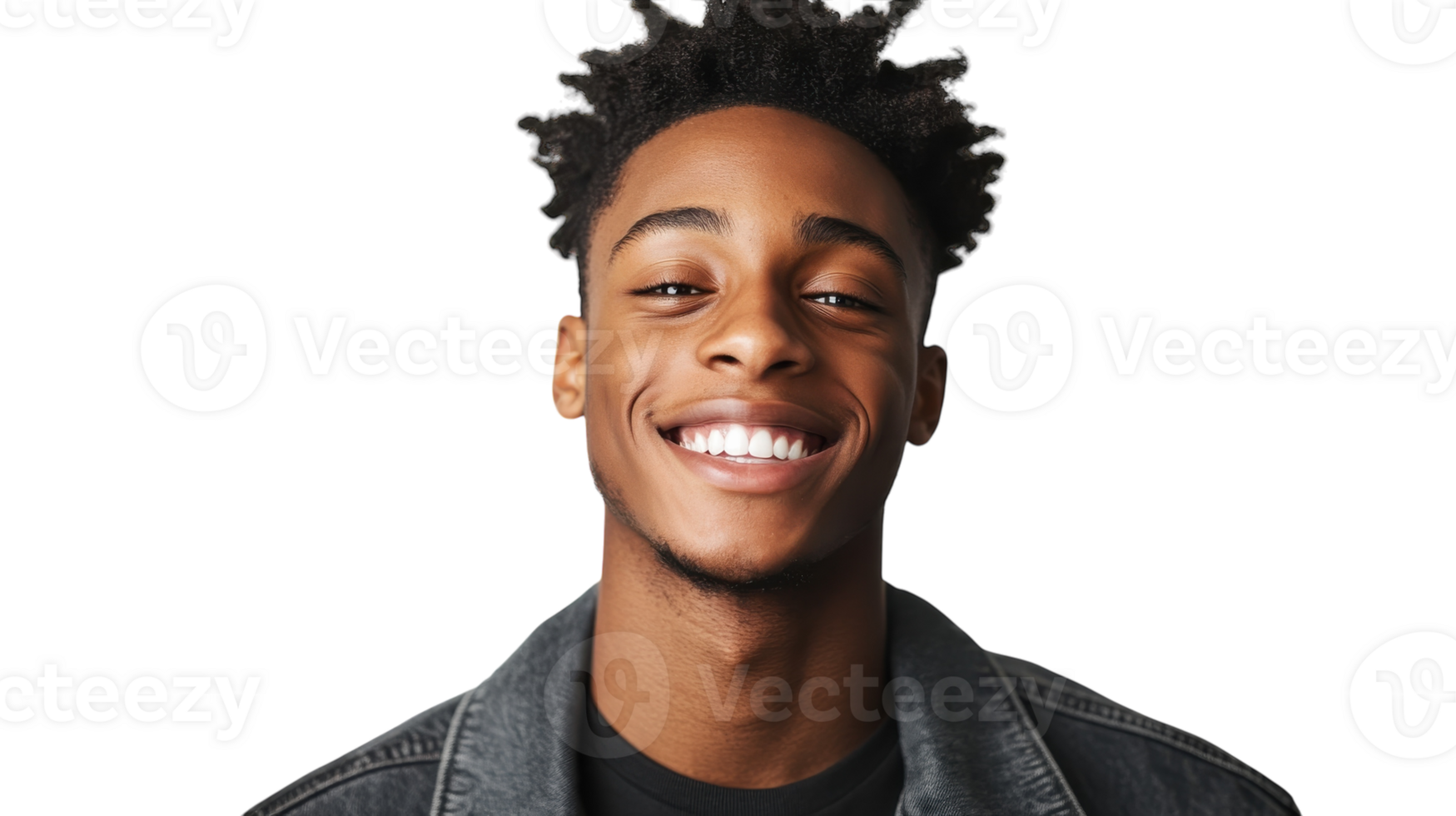 Young man smiling confidently with curly hair against a bright white background png
