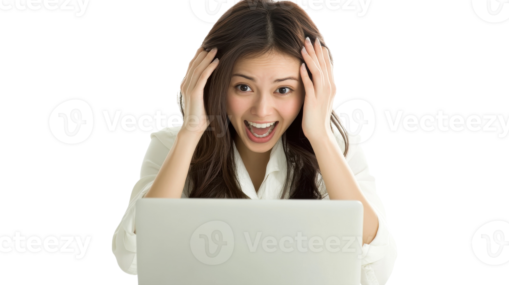 Excitement and joy as young woman reacts to surprising news on her laptop at home png