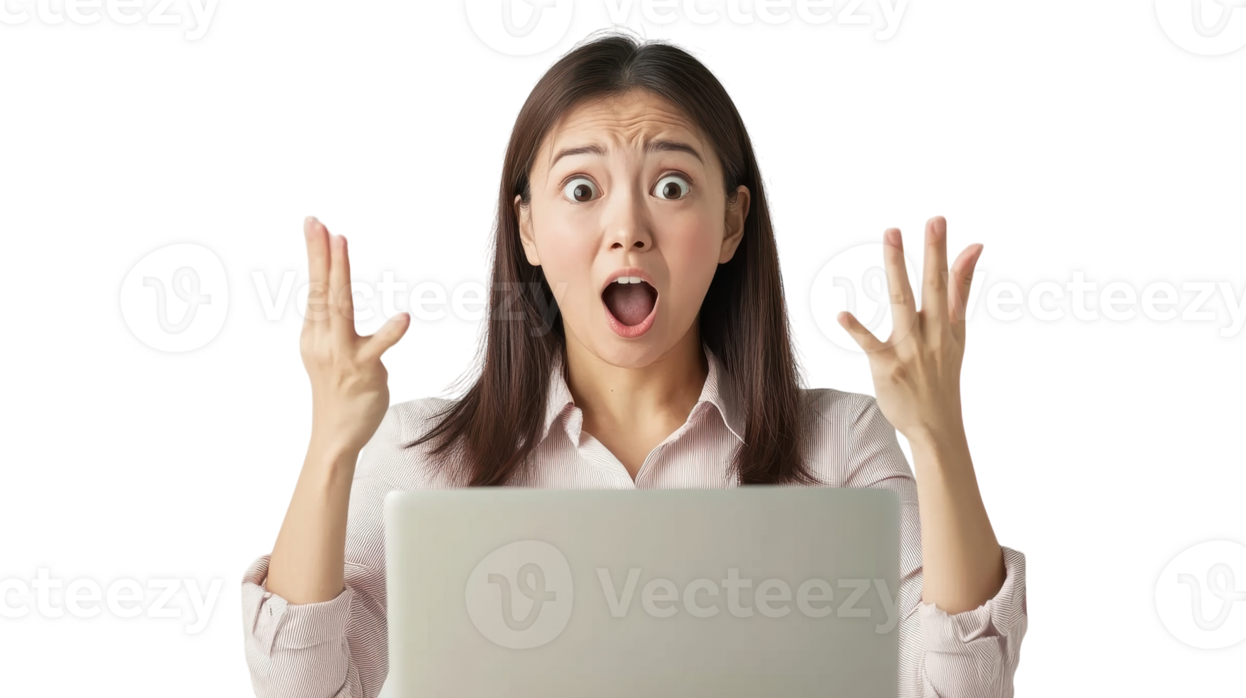 Frustrated woman expressing shock while working on a laptop in a neutral setting png