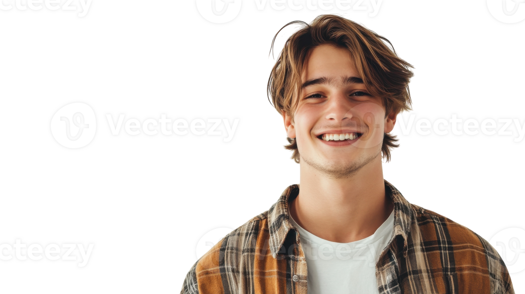 Young man with a cheerful smile wearing a flannel shirt in a bright setting png