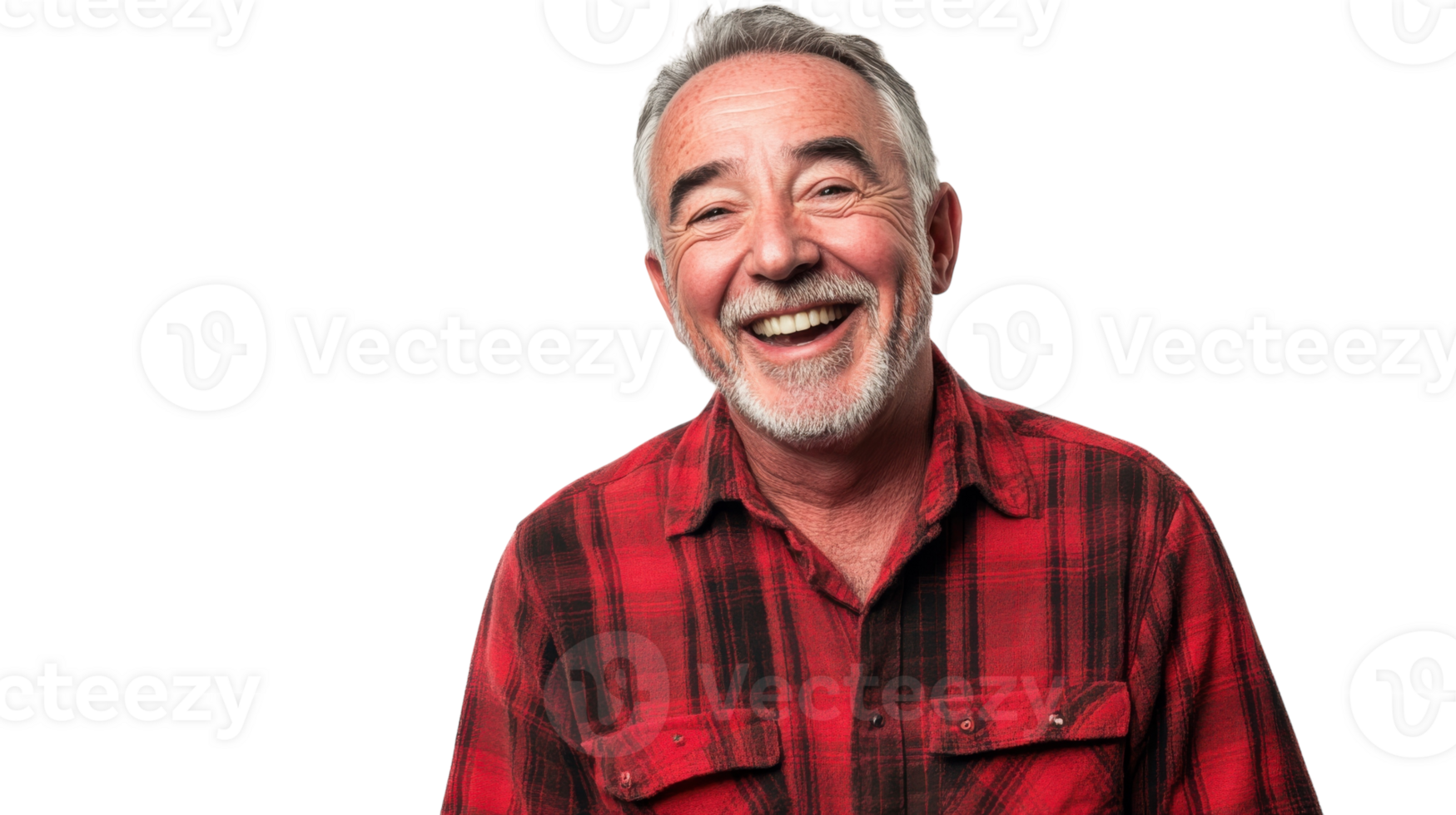 Elderly man wearing red plaid shirt smiles brightly in indoor setting during joyful moment png