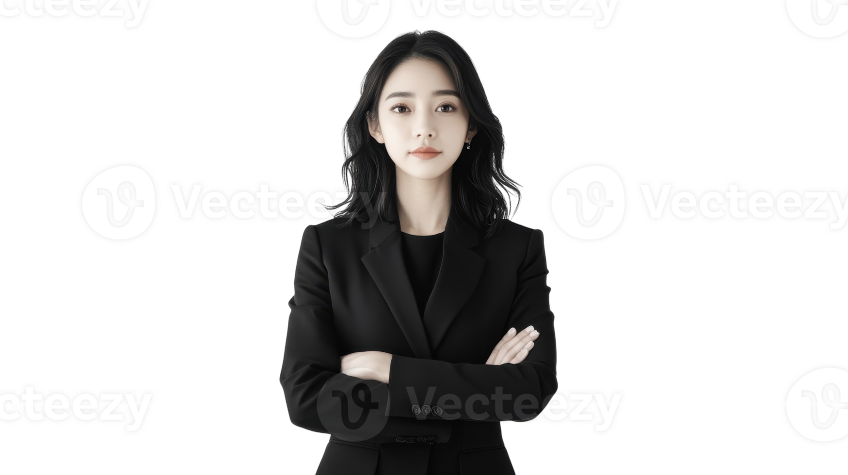 Confident young woman in a black suit posing with arms crossed against a minimalist background in a professional setting png