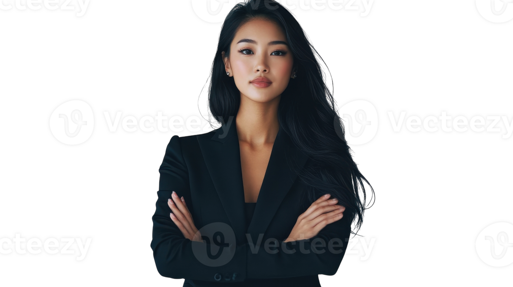 Professional woman in a black blazer stands confidently with arms crossed on a plain background png