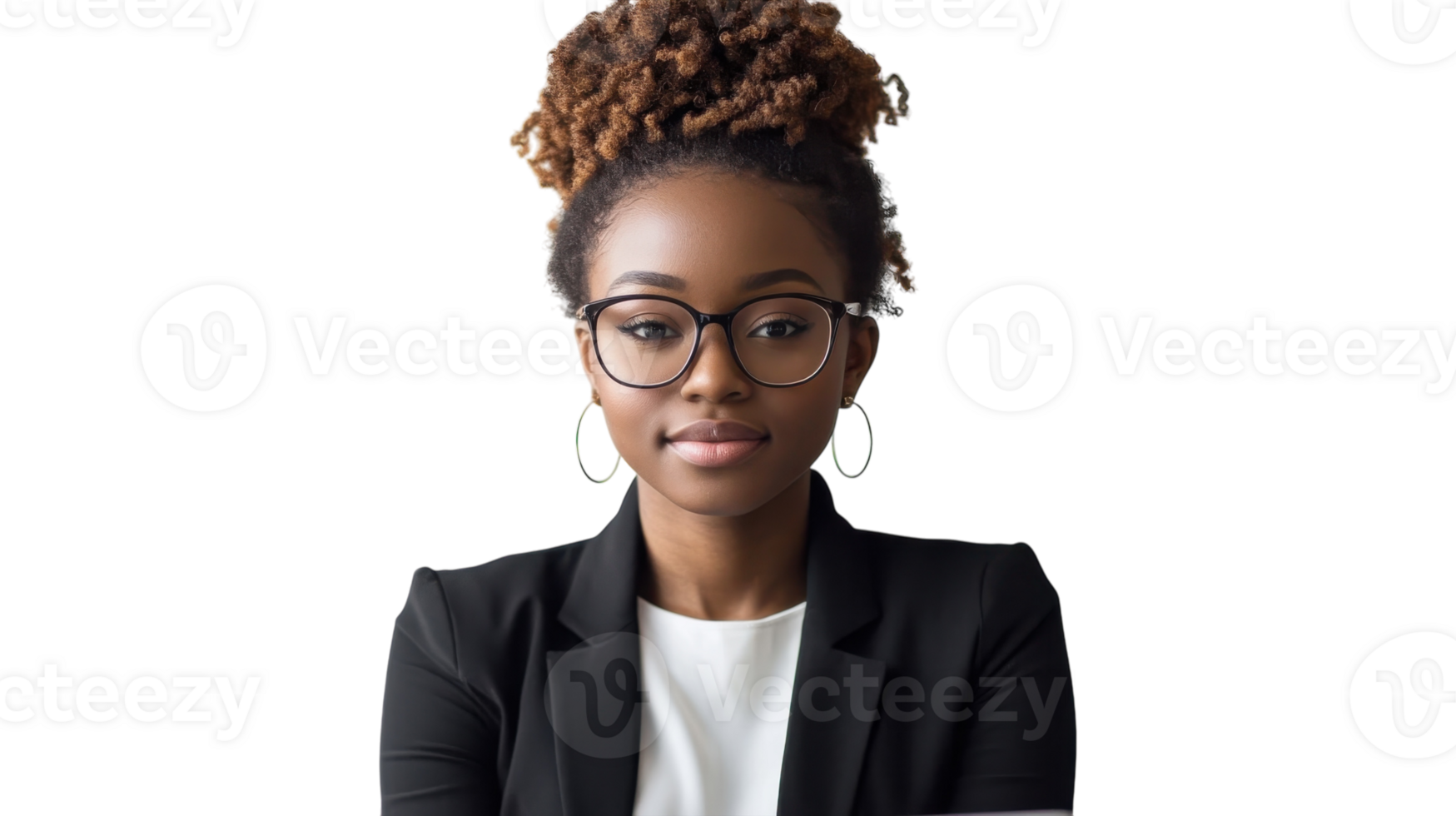 Young professional woman poses confidently in a black blazer and glasses against a plain background png