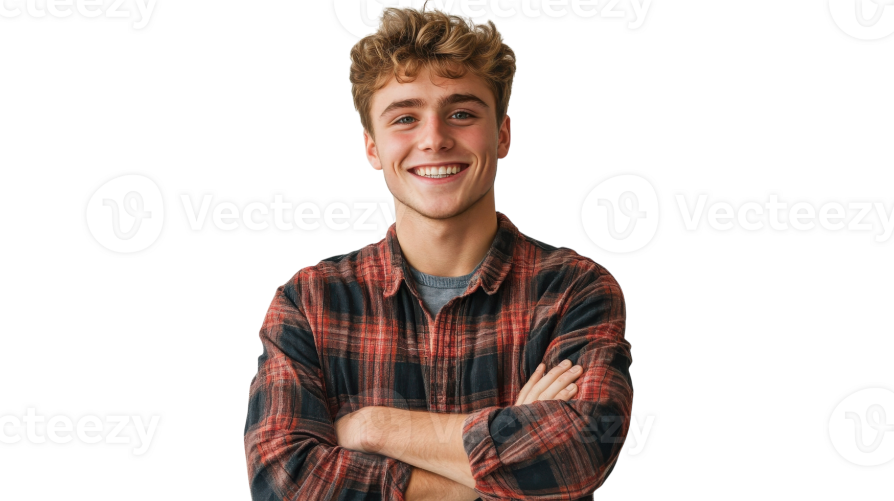 Young man with curly hair smiles confidently while posing with arms crossed in checkered shirt png
