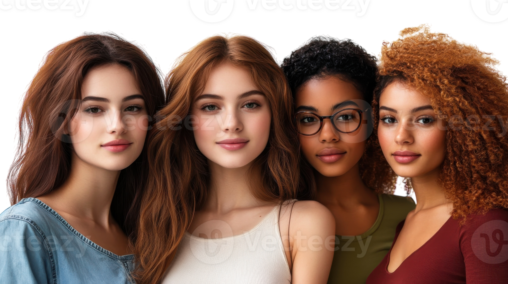 Diverse group of young women posing together in a friendly and warm atmosphere png
