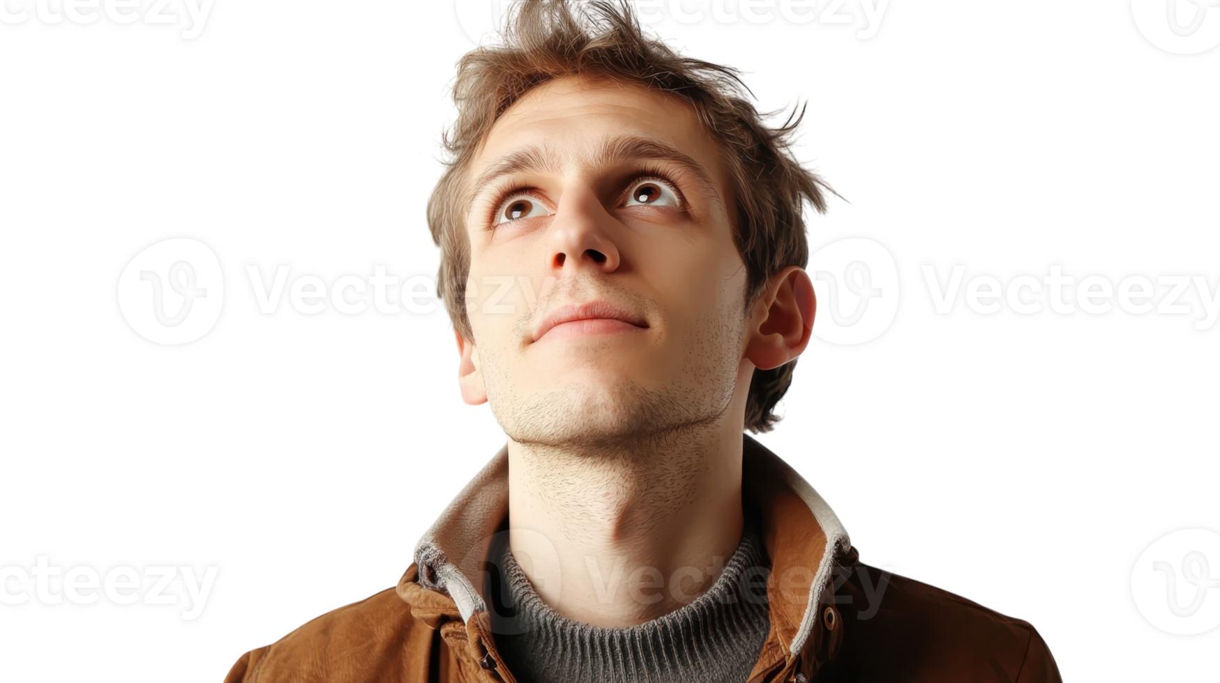 Young man looking up thoughtfully against a plain white background in a casual outfit png