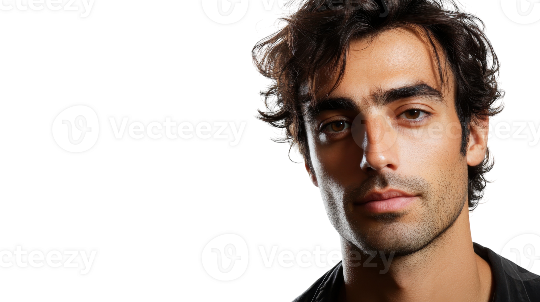 Young man with dark hair and an intense expression poses against a plain background in a studio setting png