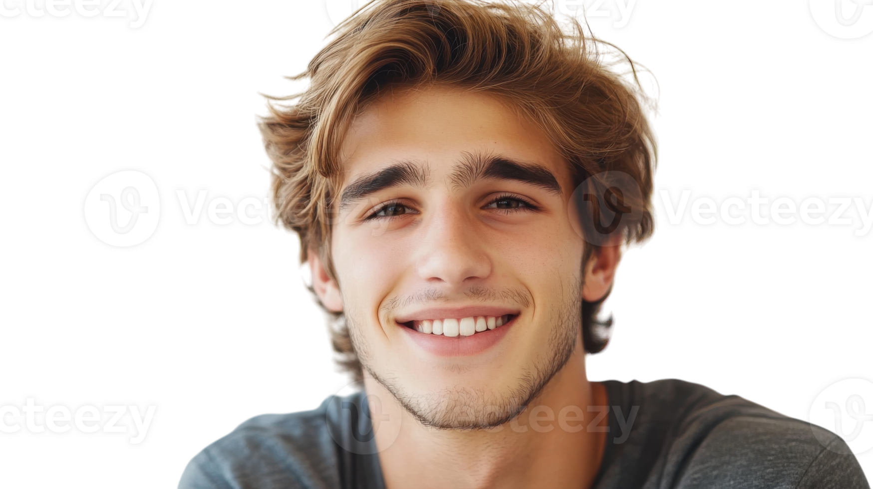 Young man smiles warmly, showcasing a friendly and inviting demeanor with soft lighting in a neutral setting png